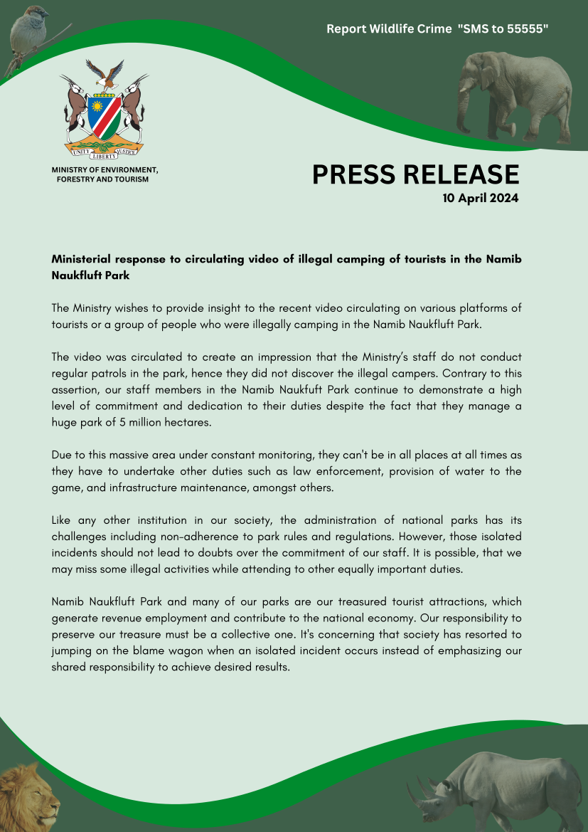 Ministerial response to circulating video of illegal camping of tourists in the Namib Naukfluft Park